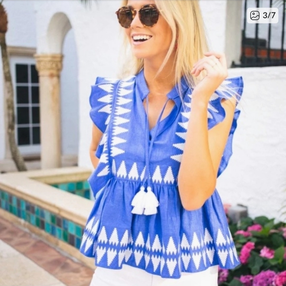Marie Oliver Blue and White Ruffle Sleeve Top